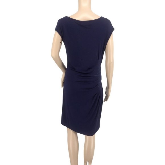 Catherine Maladrino Midi Sheath Dress L Cap Sleeve Embroidery Navy Blue Stretchy - Picture 4 of 9